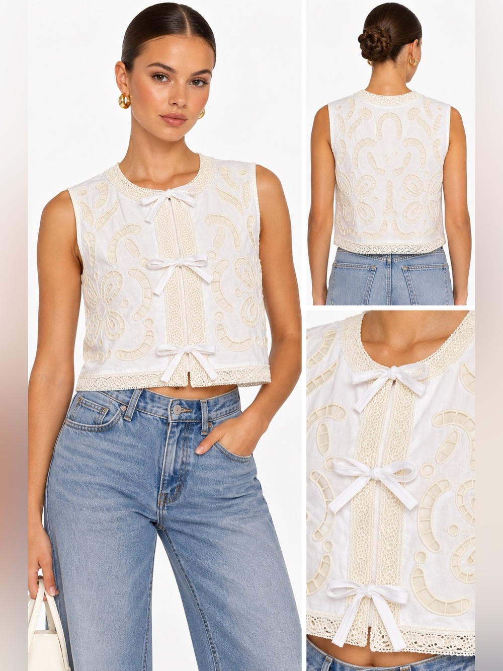 Moon River White Embroidered Lace Tie Front Vest Boho Cottagecore - Picture 8 of 8